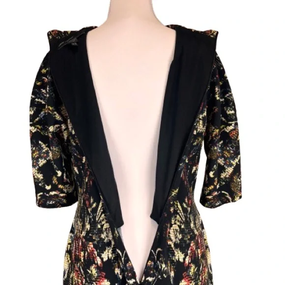 Maggy London Black Abstract Baroque Bodycon Midi Dress Mock Neck Cutout Sz10 NEW - Picture 3 of 16